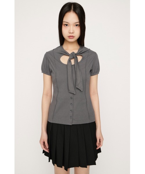 SLY(スライ)の「FRONT BUTTON TIE TOPS フロントボタンタイトップス 春服(Tシャツ/カットソー・レディース・ブラック/ホワイト/レッド/グレー・FREE)」の16枚目の写真