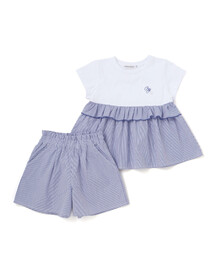 BeBe Petits Pois Vert（ベベプチポワヴェール）の「【店舗限定】ストライプ切り替えトップス＋ショートパンツセットアップ(95～150cm)（セットアップ）」