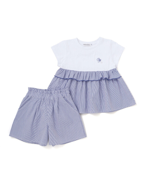 BeBe Petits Pois Vert（ベベプチポワヴェール）の「【店舗限定】ストライプ切り替えトップス＋ショートパンツセットアップ(95～150cm)（セットアップ・キッズ・ブルー系その他2/レッド系その他・110cm/120cm/95cm/100cm/140cm/130cm/150cm）」の2枚目の写真