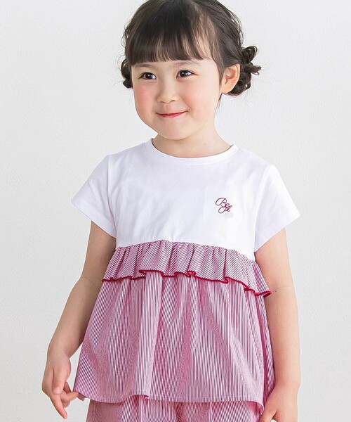BeBe Petits Pois Vert（ベベプチポワヴェール）の「【店舗限定】ストライプ切り替えトップス＋ショートパンツセットアップ(95～150cm)（セットアップ・キッズ・ブルー系その他2/レッド系その他・110cm/120cm/95cm/100cm/140cm/130cm/150cm）」の3枚目の写真