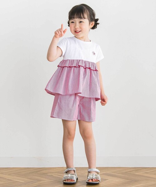 BeBe Petits Pois Vert（ベベプチポワヴェール）の「【店舗限定】ストライプ切り替えトップス＋ショートパンツセットアップ(95～150cm)（セットアップ・キッズ・ブルー系その他2/レッド系その他・110cm/120cm/95cm/100cm/140cm/130cm/150cm）」の4枚目の写真