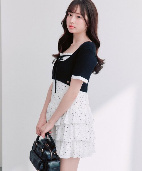 OLIVE des OLIVE（オリーブデオリーブ）の「半袖カーデとミニワンピのセット（ワンピース・レディース・ベージュ/ドット/ブラック・FREE）」の3枚目の写真