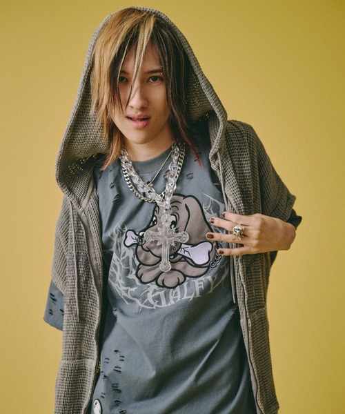 GALFY(ガルフィー)の「【GALFY】病みに透けしポンチョ / 【ガルフィー】グラフィックノースリーブメッシュジップパーカー(パーカー・メンズ・チャコール/ベージュ・L/XL)」の10枚目の写真