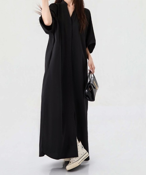 ONEP STAR(ワンピスター)の「スキッパーカラー半袖ロングワンピース(ワンピース・レディース・パープル/ブラック/ベージュ・FREE)」の8枚目の写真
