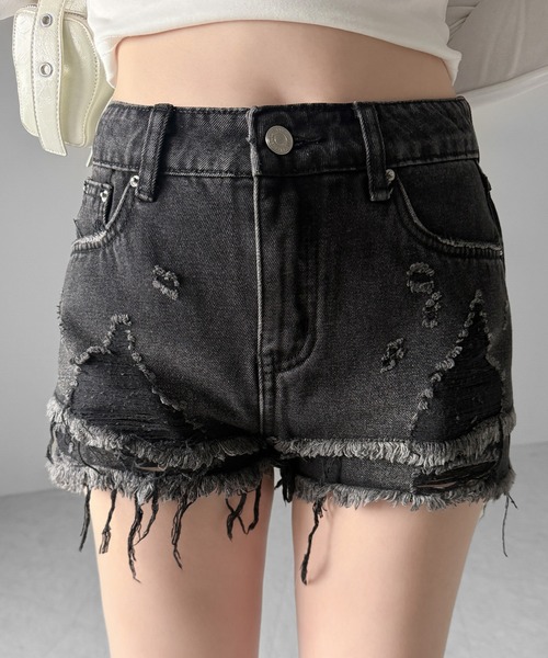 me+em select(ミームセレクト)の「【 2color / 3size 】クラッシュダメージダブルフリンジデニムショートパンツ/crash damage double fringe denim short pants(デニムパンツ・レディース・ブラック/ブルー・LARGE/MEDIUM/SMALL)」の1枚目の写真