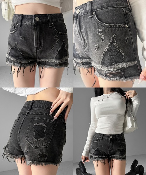 me+em select(ミームセレクト)の「【 2color / 3size 】クラッシュダメージダブルフリンジデニムショートパンツ/crash damage double fringe denim short pants(デニムパンツ・レディース・ブラック/ブルー・LARGE/MEDIUM/SMALL)」の3枚目の写真