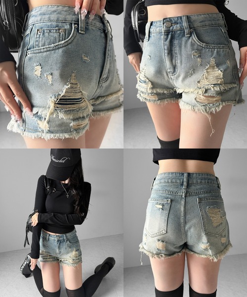 me+em select(ミームセレクト)の「【 2color / 3size 】クラッシュダメージダブルフリンジデニムショートパンツ/crash damage double fringe denim short pants(デニムパンツ・レディース・ブラック/ブルー・LARGE/MEDIUM/SMALL)」の4枚目の写真