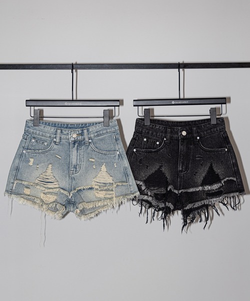me+em select(ミームセレクト)の「【 2color / 3size 】クラッシュダメージダブルフリンジデニムショートパンツ/crash damage double fringe denim short pants(デニムパンツ・レディース・ブラック/ブルー・LARGE/MEDIUM/SMALL)」の5枚目の写真