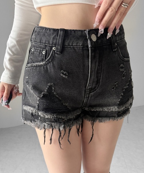 me+em select(ミームセレクト)の「【 2color / 3size 】クラッシュダメージダブルフリンジデニムショートパンツ/crash damage double fringe denim short pants(デニムパンツ・レディース・ブラック/ブルー・LARGE/MEDIUM/SMALL)」の11枚目の写真