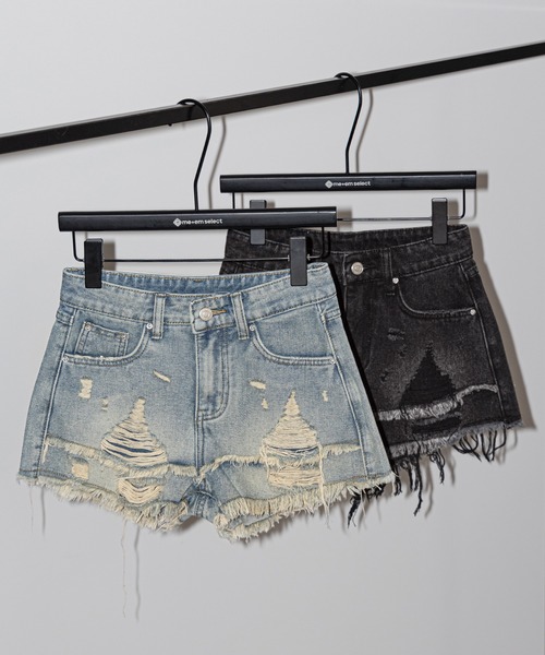 me+em select(ミームセレクト)の「【 2color / 3size 】クラッシュダメージダブルフリンジデニムショートパンツ/crash damage double fringe denim short pants(デニムパンツ・レディース・ブラック/ブルー・LARGE/MEDIUM/SMALL)」の7枚目の写真