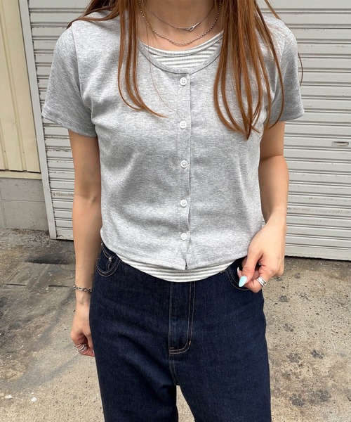 レイヤード風ボーダーTシャツ(chiica select) / 半袖Tシャツ 重ね着風