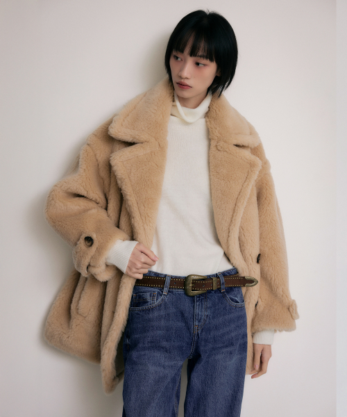LEFTSEOUL（レフトソウル）の「テディベアオーバーサイズダブルハーフウールコート[ライトベージュ]（チェスターコート・レディース・ライトベージュ・FREE）」の2枚目の写真