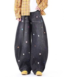 ヴィンテージ風ボタンワイドシルエットデニムパンツ