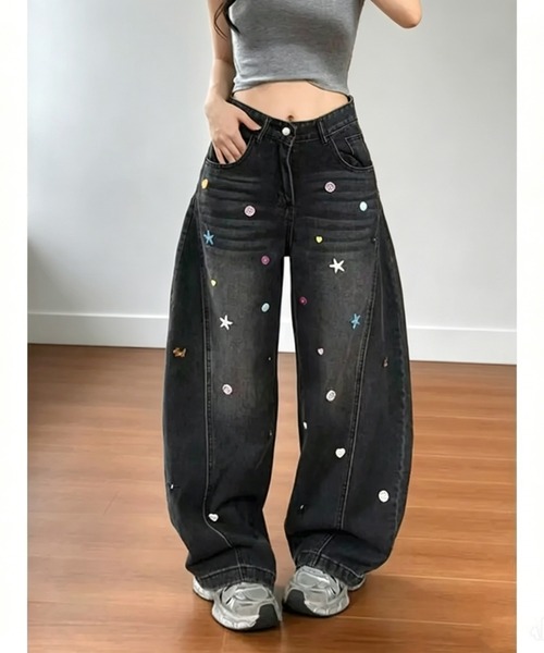 GEMEDA(ジェメダ)の「ヴィンテージ風ボタンワイドシルエットデニムパンツ(デニムパンツ・レディース・ブラック/ライトブルー・S/M)」の12枚目の写真