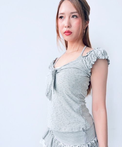 Y2K SYNAPSE FACTORY（ワイツーケー シナプスファクトリー）の「【フラワープリント】リボンホルターネックTシャツ（Tシャツ/カットソー・レディース・ホワイト/グレー・FREE）」の13枚目の写真