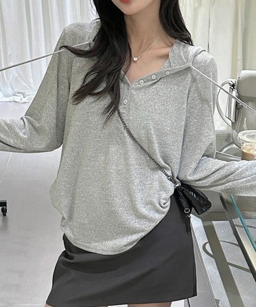 shyam inspiration(シャムインスピレーション)の「フード付きヘンリーネックロンT(Tシャツ/カットソー・レディース・ライトグレー/ライトグリーン/チャコールグレー・L/M)」の3枚目の写真