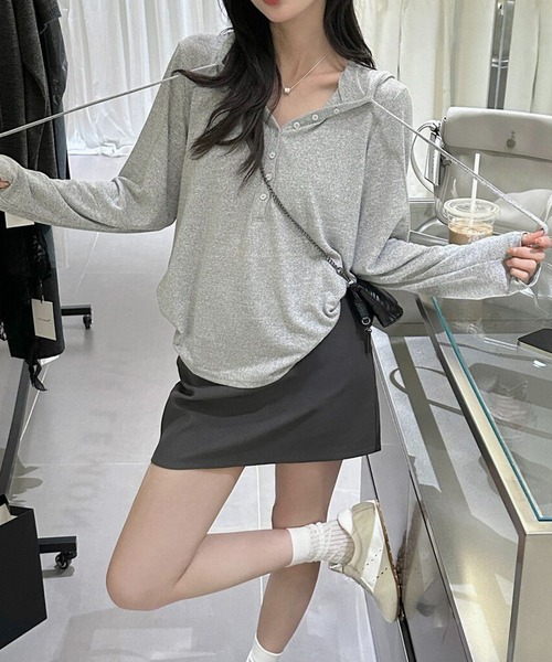 shyam inspiration(シャムインスピレーション)の「フード付きヘンリーネックロンT(Tシャツ/カットソー・レディース・ライトグレー/ライトグリーン/チャコールグレー・L/M)」の8枚目の写真