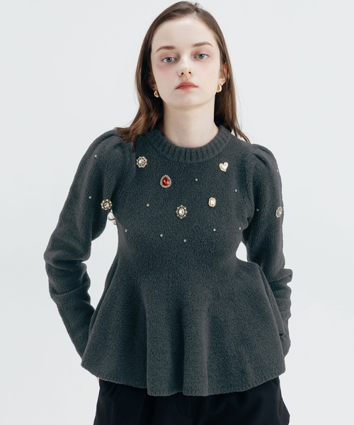 EIMY ISTOIRE(エイミーイストワール)の「BIJOU KNIT TOPS(ニット/セーター・レディース・オフホワイト/チャコールグレー・FREE)」の1枚目の写真