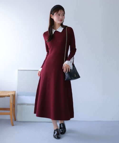 MARY QUANT(マリークワント)の「クロッシェカラーニットロング ワンピース(ワンピース・レディース・ブラック/ネイビー/ボルドー・M)」の1枚目の写真