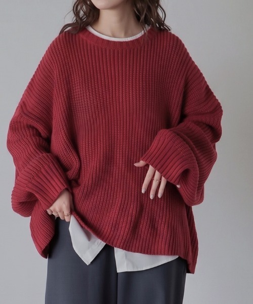 HUG.U（ハグユー）の「「 良バランス 」 ざっくりリブニット（ニット/セーター・レディース・ブラック/ベージュ/ネイビー/グレー/レッド/グリーン・FREE）」の6枚目の写真