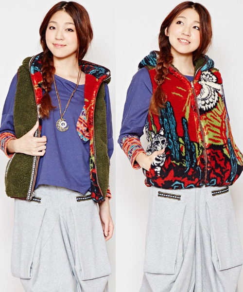 チャイハネ（チャイハネ）の「【チャイハネ】アリゾナフードベスト（リバーシブル）（その他アウター・レディース・ターコイズブルー/ベージュ/レッド・FREE）」の3枚目の写真