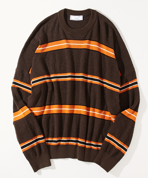 AMI Alexandre Mattiussi(アミアレクサンドルマテュッシ)の「ami alexandre mattiussi アミ アレクサンドル マテュッシ / ボーダー トップス E17K11.004(スウェット・メンズ・ブラウン/ホワイト・SMALL/MEDIUM/M/S)」の1枚目の写真