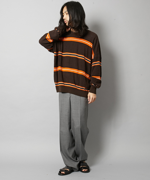 AMI Alexandre Mattiussi(アミアレクサンドルマテュッシ)の「ami alexandre mattiussi アミ アレクサンドル マテュッシ / ボーダー トップス E17K11.004(スウェット・メンズ・ブラウン/ホワイト・SMALL/MEDIUM/M/S)」の3枚目の写真