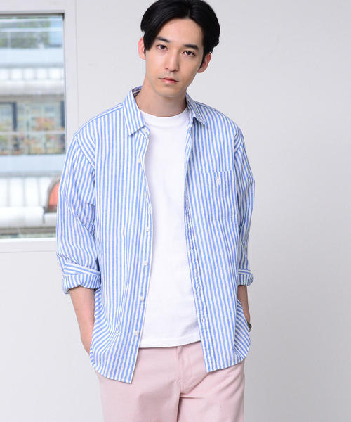 coen（コーエン）の「【GO OUT6月号掲載】綿麻ストライプレギュラーカラーシャツ（シャツ/ブラウス・メンズ・ネイビー/ケリー/ライラック・LARGE/SMALL/MEDIUM/X-LARGE）」の3枚目の写真