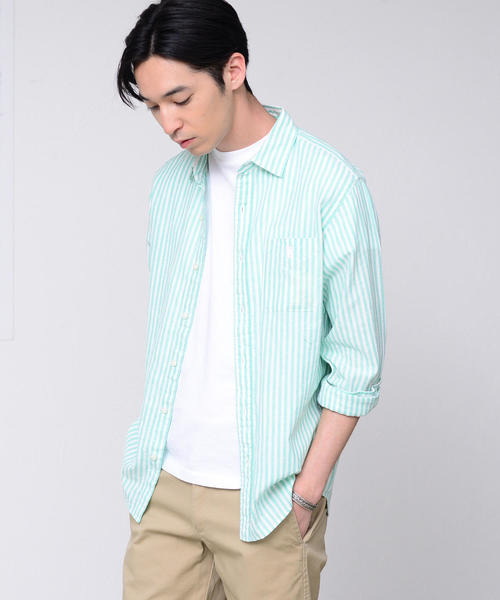 coen（コーエン）の「【GO OUT6月号掲載】綿麻ストライプレギュラーカラーシャツ（シャツ/ブラウス・メンズ・ネイビー/ケリー/ライラック・LARGE/SMALL/MEDIUM/X-LARGE）」の2枚目の写真