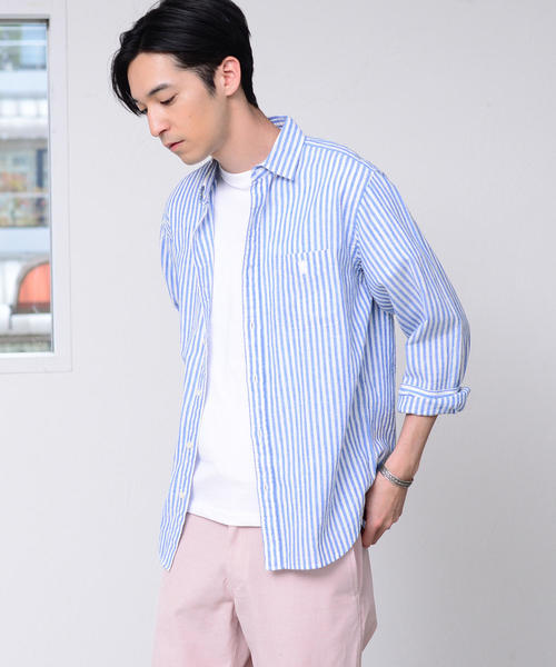 coen（コーエン）の「【GO OUT6月号掲載】綿麻ストライプレギュラーカラーシャツ（シャツ/ブラウス・メンズ・ネイビー/ケリー/ライラック・LARGE/SMALL/MEDIUM/X-LARGE）」の19枚目の写真