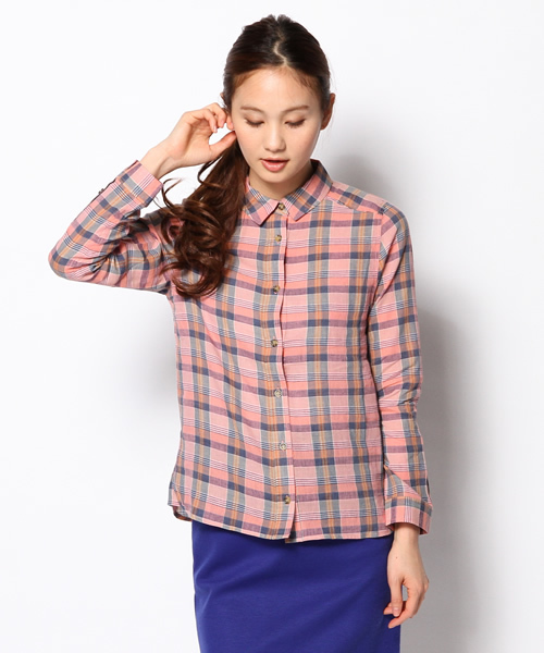 Ray BEAMS(レイビームス)の「○Ray BEAMS / コットンリネン チェックレギュラーシャツ(シャツ/ブラウス・レディース・ダークブラウン/ピンク/ライトブルー・1/0)」の3枚目の写真