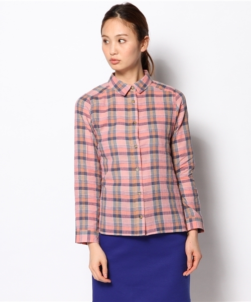 Ray BEAMS(レイビームス)の「○Ray BEAMS / コットンリネン チェックレギュラーシャツ(シャツ/ブラウス・レディース・ダークブラウン/ピンク/ライトブルー・1/0)」の6枚目の写真