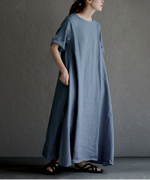 apartment department（アパートメントデパートメント）の「リネンワイドスリーブ フレアワンピース（ワンピース・レディース・マルーン/モスグリーン/ブラック/キャメル/グレイッシュブルー/セージグリーン/アッシュグレー/ロイヤルブルー/グリーン系その他・フリー）」の7枚目の写真