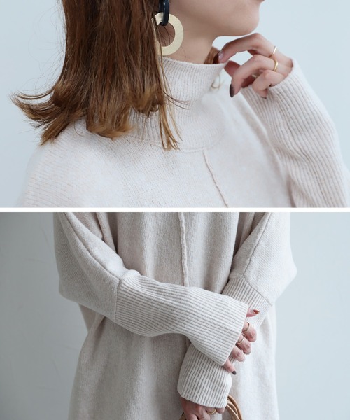 reca（レカ）の「ハイネックロングニット（チュニック・レディース・アイボリー/モカ・M）」の5枚目の写真