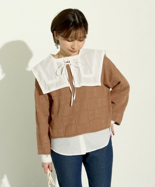 Factor=（ファクターイコール）の「透かし編み短丈ニットトップス（ニット/セーター・レディース・オフホワイト/モカ/ブラック・FREE）」の3枚目の写真