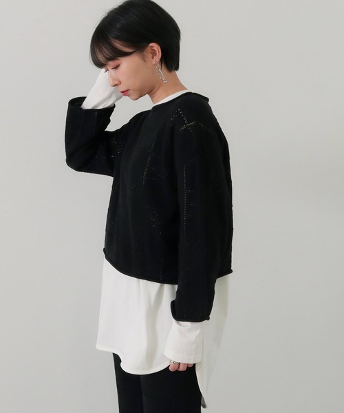 Factor=（ファクターイコール）の「透かし編み短丈ニットトップス（ニット/セーター・レディース・オフホワイト/モカ/ブラック・FREE）」の5枚目の写真