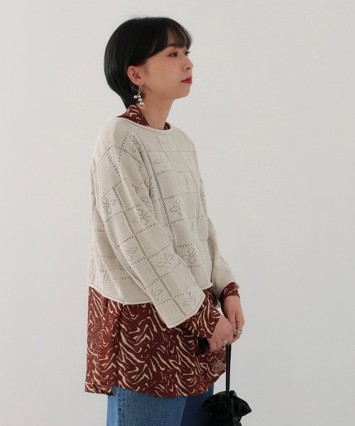 Factor=（ファクターイコール）の「透かし編み短丈ニットトップス（ニット/セーター・レディース・オフホワイト/モカ/ブラック・FREE）」の9枚目の写真