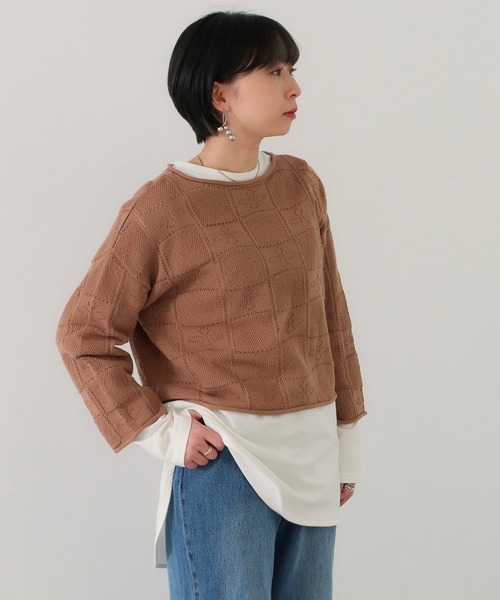 Factor=（ファクターイコール）の「透かし編み短丈ニットトップス（ニット/セーター・レディース・オフホワイト/モカ/ブラック・FREE）」の14枚目の写真