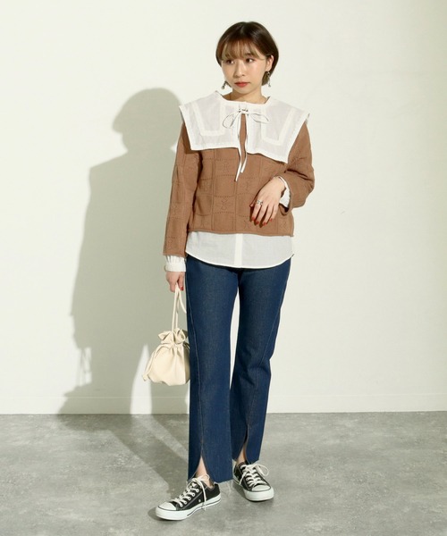 Factor=（ファクターイコール）の「透かし編み短丈ニットトップス（ニット/セーター・レディース・オフホワイト/モカ/ブラック・FREE）」の13枚目の写真