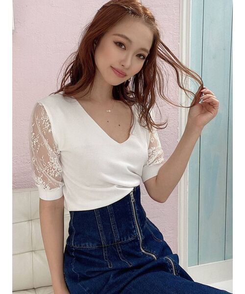 RESEXXY（リゼクシー）の「レース半袖ニット（ニット/セーター・レディース・ホワイト/ブラック/ベージュ/ブラウン・FREE）」の2枚目の写真