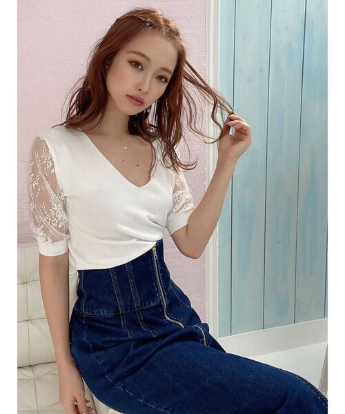 RESEXXY（リゼクシー）の「レース半袖ニット（ニット/セーター・レディース・ホワイト/ブラック/ベージュ/ブラウン・FREE）」の9枚目の写真