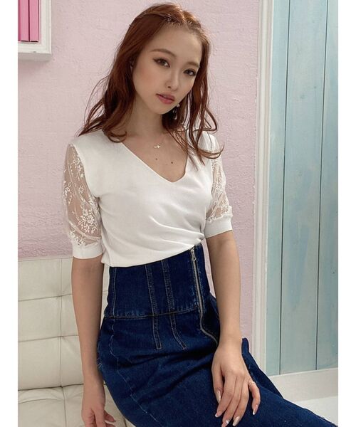 RESEXXY（リゼクシー）の「レース半袖ニット（ニット/セーター・レディース・ホワイト/ブラック/ベージュ/ブラウン・FREE）」の5枚目の写真