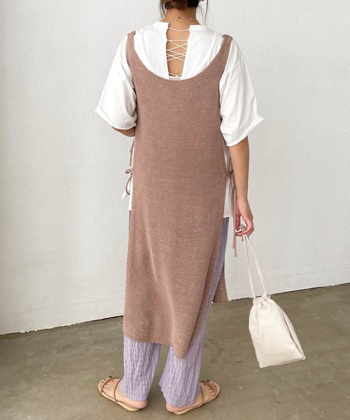 Shelly island（シェリーアイランド）の「テープヤーンロングジレ/ロングベスト（ニット/セーター・レディース・ホワイト/モカ・FREE）」の6枚目の写真