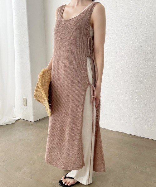 Shelly island（シェリーアイランド）の「テープヤーンロングジレ/ロングベスト（ニット/セーター・レディース・ホワイト/モカ・FREE）」の15枚目の写真