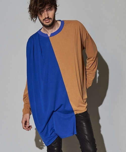 NO ID.(ノーアイディ)の「mlt3465-アシンメトリーギャザーBIG-PO プルオーバー(Tシャツ/カットソー・メンズ・ホワイト/オレンジ/ブルー/ブラック・ONE SIZE)」の3枚目の写真