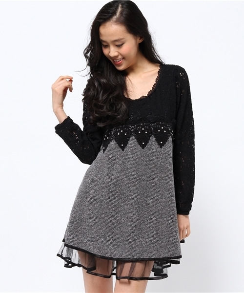 axes femme(アクシーズファム)の「レース×ニットソーチュニック(チュニック・レディース・チャコール/ブラウン/ベージュ・MEDIUM)」の2枚目の写真