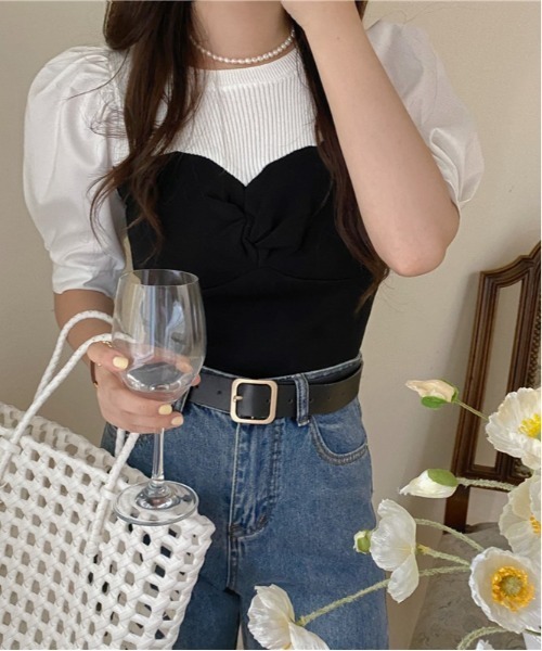 SONA(ソナ)の「SONYUNARA 配色パフ半袖ブラウス(Tシャツ/カットソー・レディース・ブラック/ブルー・FREE)」の7枚目の写真