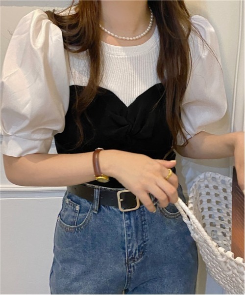 SONA(ソナ)の「SONYUNARA 配色パフ半袖ブラウス(Tシャツ/カットソー・レディース・ブラック/ブルー・FREE)」の5枚目の写真