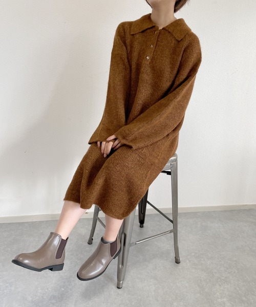 nemne store（ネンネストア）の「チョコテリーヌを食べるポロニットワンピース（ワンピース・レディース・ブラウン/ブルー/ホワイト×グレー・フリー）」の5枚目の写真
