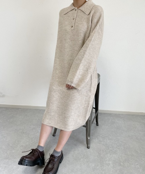 nemne store（ネンネストア）の「チョコテリーヌを食べるポロニットワンピース（ワンピース・レディース・ブラウン/ブルー/ホワイト×グレー・フリー）」の12枚目の写真